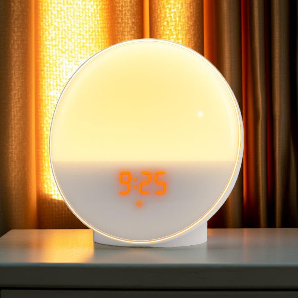 GlowFlow Lichtwecker mit warmem Sonnenaufgangslicht und digitaler Uhranzeige – moderner Tageslichtwecker und Sonnenaufgangwecker für natürliches Aufwachen.