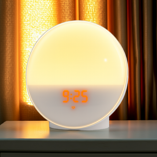GlowFlow Lichtwecker mit warmem Sonnenaufgangslicht und digitaler Uhranzeige – moderner Tageslichtwecker und Sonnenaufgangwecker für natürliches Aufwachen.